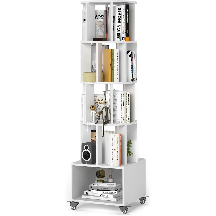 4 Tier Rotating Bookshelf Tower Spinning Bookcase w/Storage Cabinet and Wheel