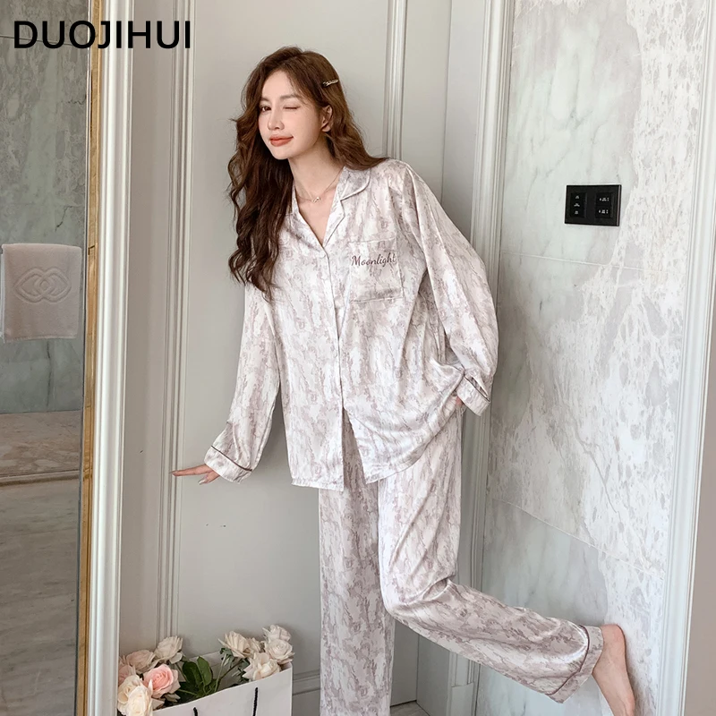 DUOJIHUI Two Piece New Couple Clothes Loose Pajamas for Women Autumn Long Sleeve Cardigan Basic Pant Fashion Female Pajamas Set