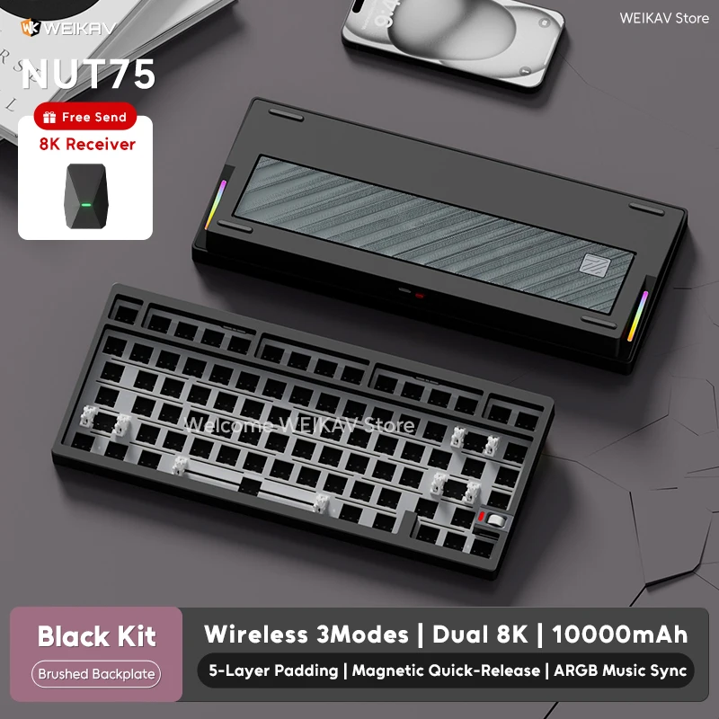 WEIKAV NUT75 Wireless Gaming Mechanical Keyboard Kit 75% Layout Aluminum Bluetooth 2.4G Wired 8000Hz RGB Hotswap Gamer Keyboard