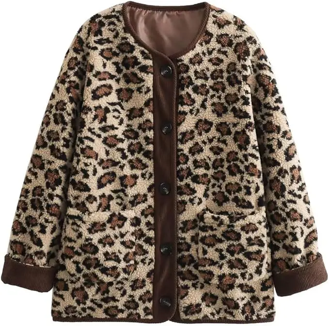 Neue Damen Leopard Fuzzy Fleece Jacke Langarm Open Front Mäntel leichte Freizeit Oberbekleidung mit Tasche Thermo Top Jacke