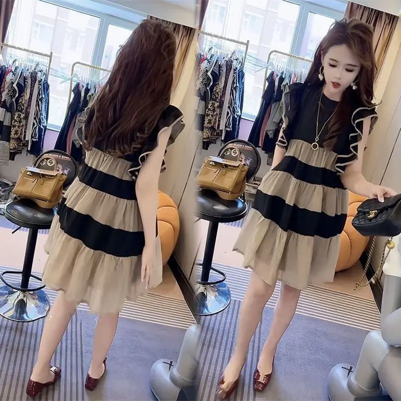 Fashion O-Neck Spliced Folds Striped Butterfly Sleeve Mini Dress Clothing 2024 Summer New Loose Office Lady Sleeveless Dress