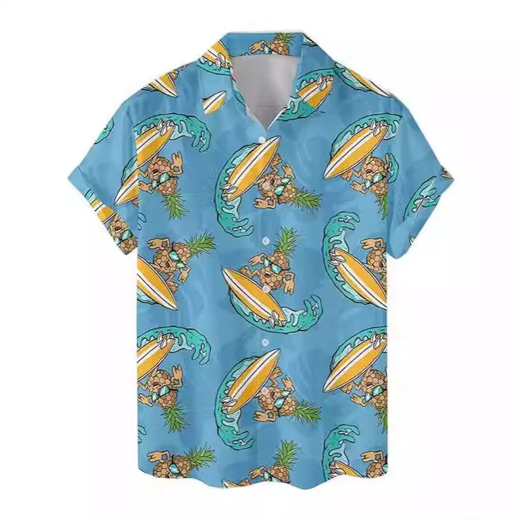 

Summer Casual Short-Sleeve Shirt with Surfing Pineapple Cartoon Print Lapel Design for Daily Beach Vacation