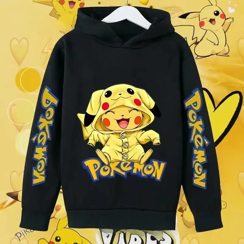 

Комплект детской одежды 2026: Худи и брюки с принтом Покемонов (Пикачу), черный, для девочек и мальчиков, осенний, на день рождения