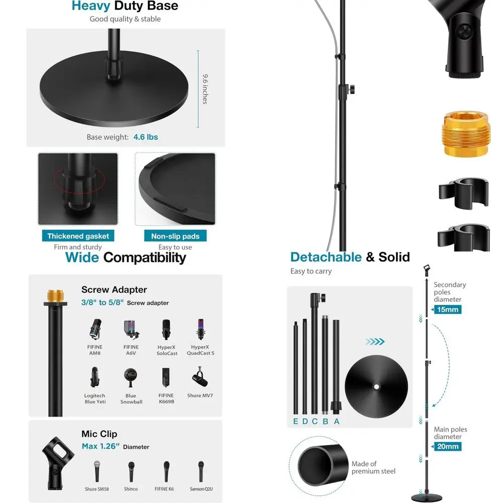 

Adjustable Detachable Boom Arm Stand for Microphones with 66.34 Max Height and Weighted Base