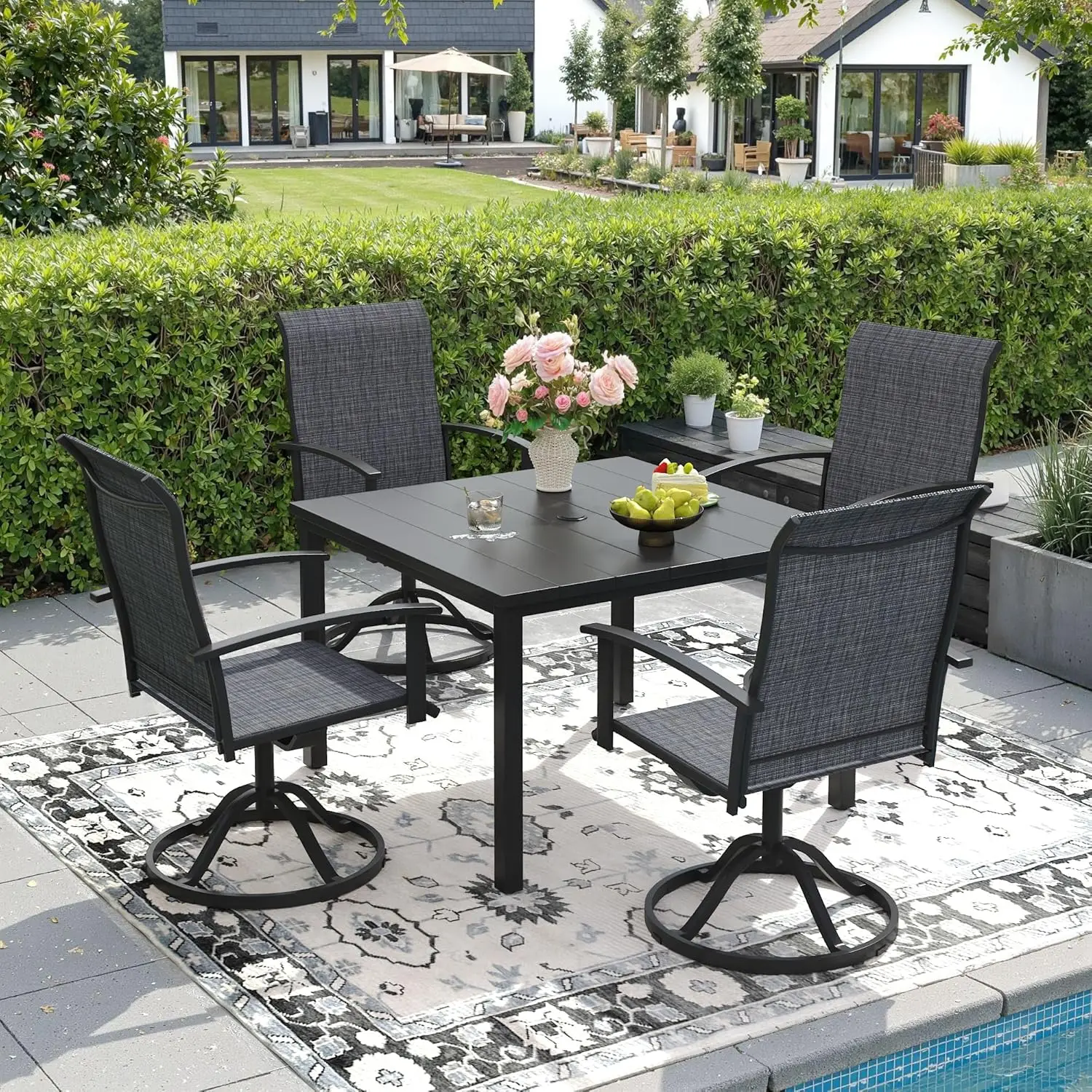 

5 Pieces Outdoor Dining Set, Metal Patio Table and Chairs Set for 4 with Umbrella Hole, 40.2" Black Square Table, Customized