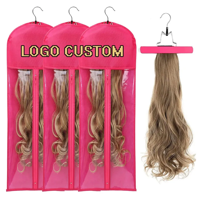 Best Extension Holder With Wooden Hanger 3Packs Wig Storage Bags Hair Organizer Hairpieces Hangers Logo Custom Hair Accessories