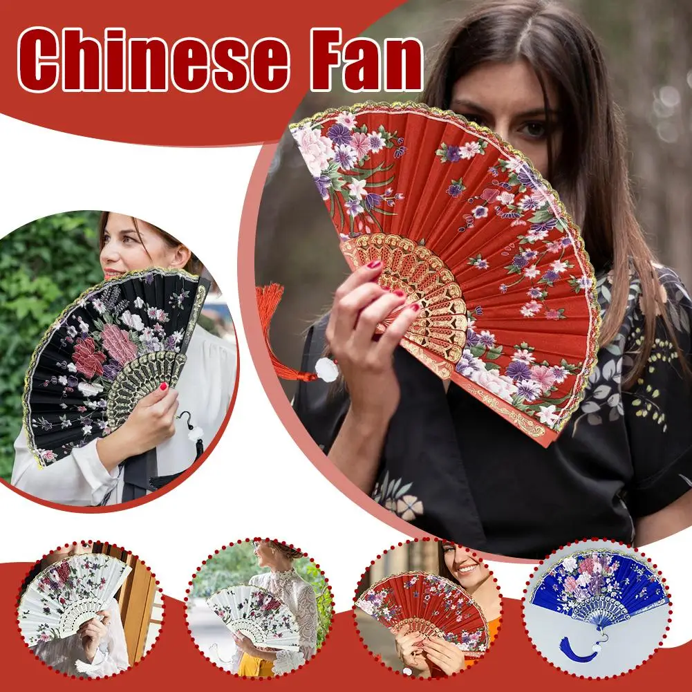 Silk Cloth Gold Edge Fans Chinese Traditional Dance Fan Chinese Style Fan Handmade Tassel Folding Fan Decor Fan Printed Pattern