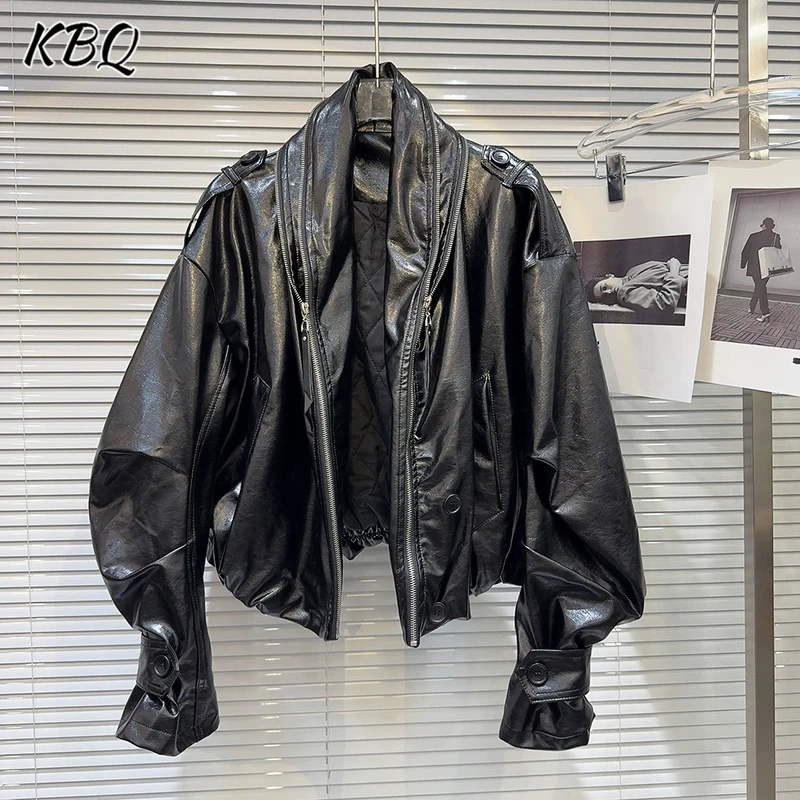 

KBQ Solid Spliced Zipper Loose Casual Coats for Women Stand Collar Long Sleeve Patchwork Button Leather Jackets Female Sutumn