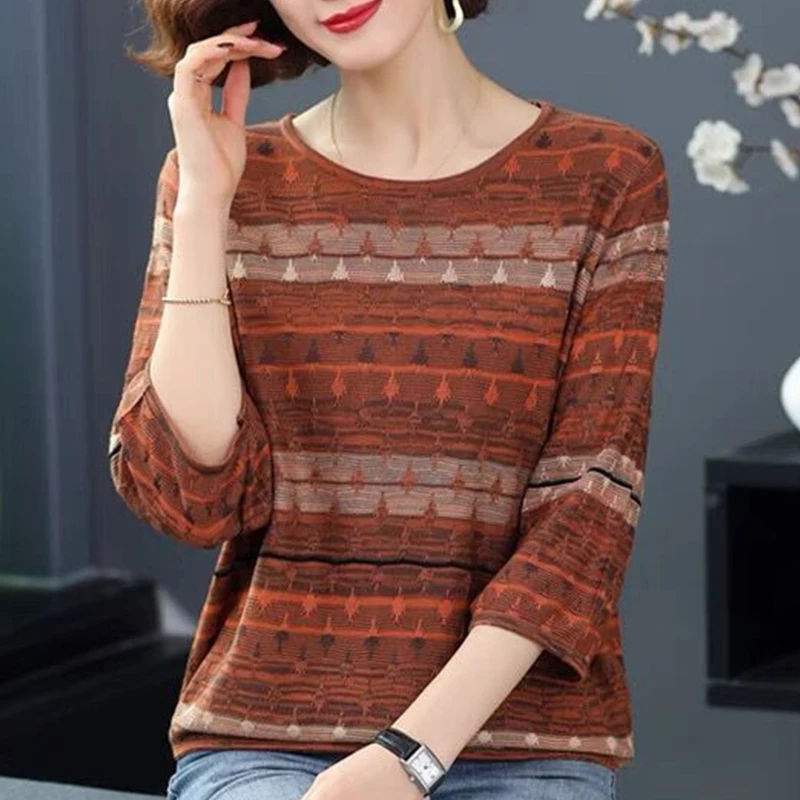 Summer Autumn Vintage Elegant Fashion Shirt Women Three-quarter Sleeve Patchwork Lady Tops Loose Casual All Match Female Clothes