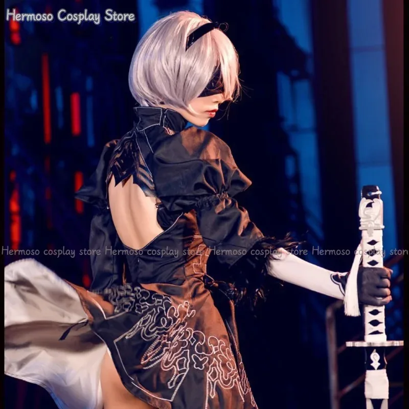 Nier Automata Cosplay Costume Women Girls Yorha 2B Dark Gothic Outfit Wig Disguise Costume Plus Size Fancy Party Black Dress