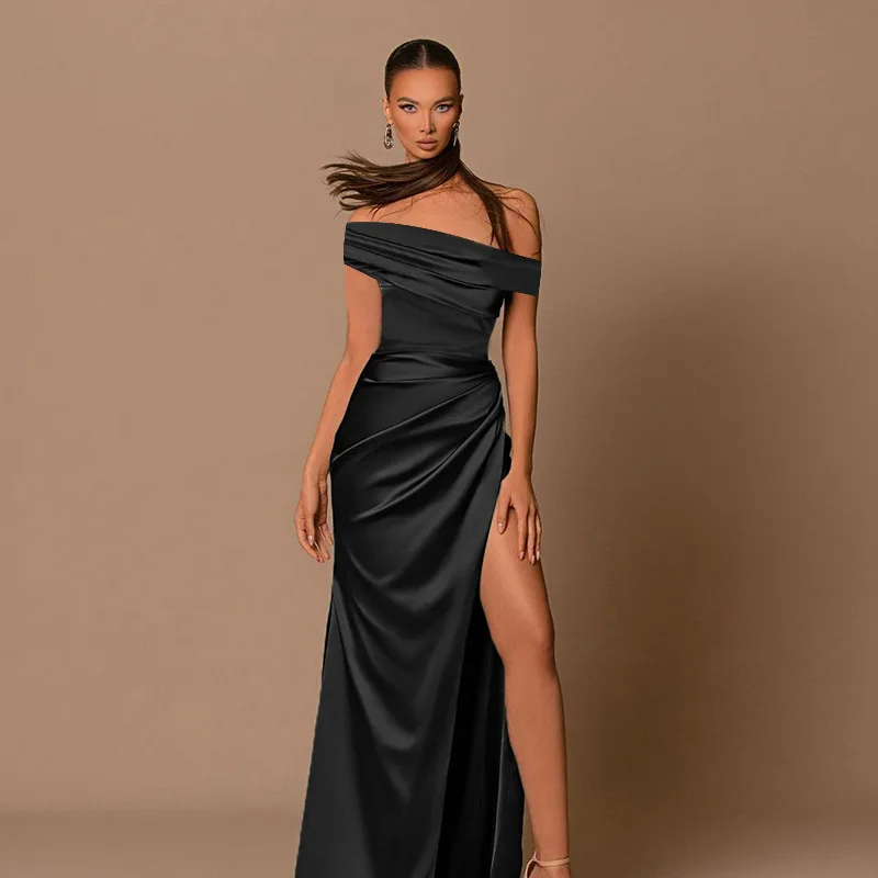 エレガントな女性用ロングドレス、セクシーなパーティースリット入りオフショルダードレス、女性用イブニングドレス、パーティー用ドレス