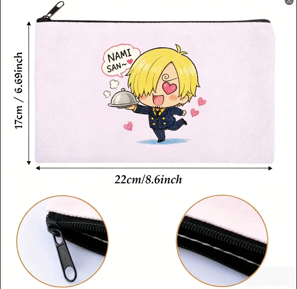1PC Double-sided Canvas Pouch Cute Sanji Heart Eyes Zipper Cosmetic Storage Bag