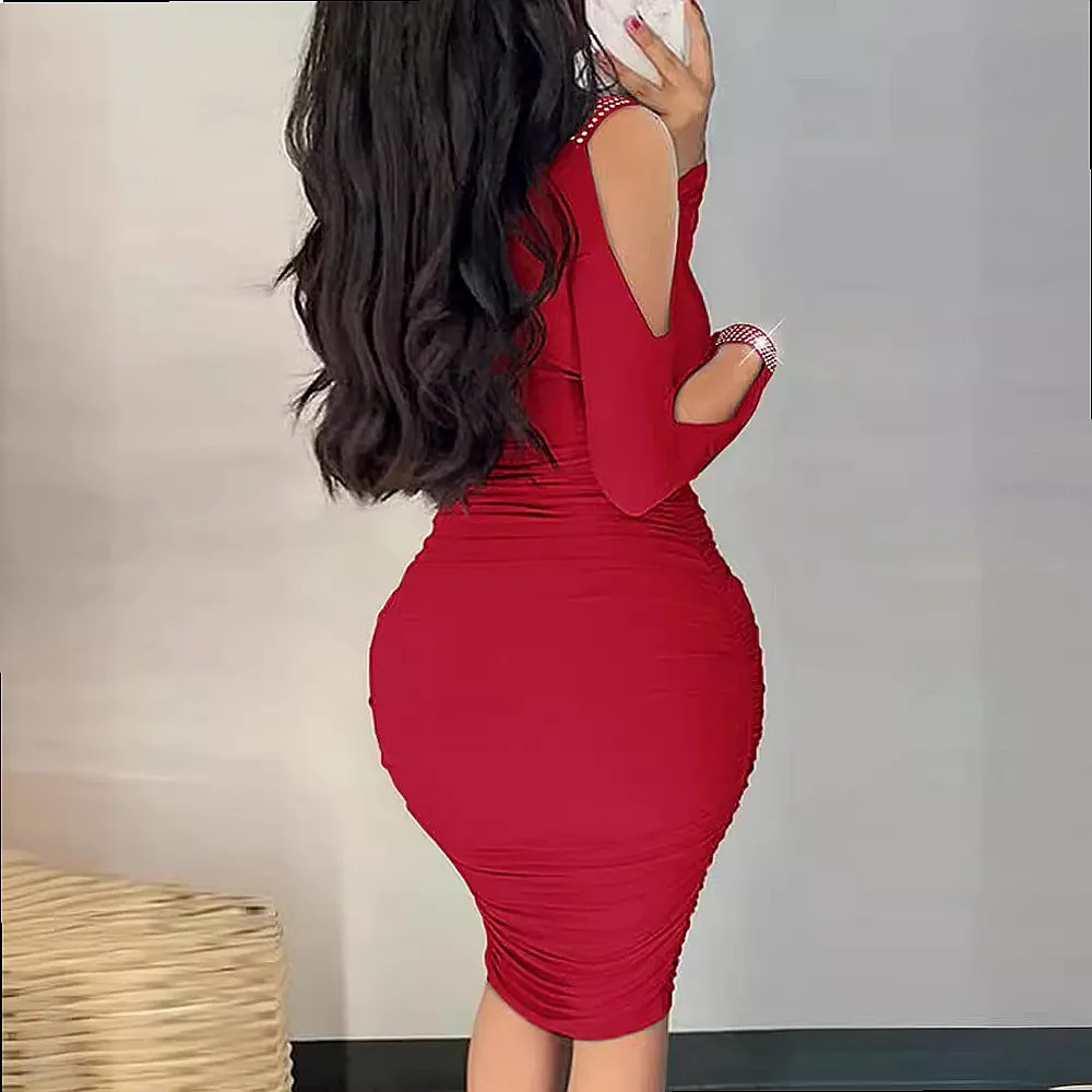 Sexy V-Neck Rhinestone Bodycon Dress, Ruched Tight Party Mini Dresses