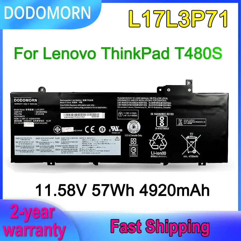 

Аккумулятор DODOMORN 11,58 в 57Wh L17L3P71 для ноутбука Lenovo ThinkPad T480S 01AV478 L17L3P71 01AV479 01AV480 SB10K97620 SB10K97621