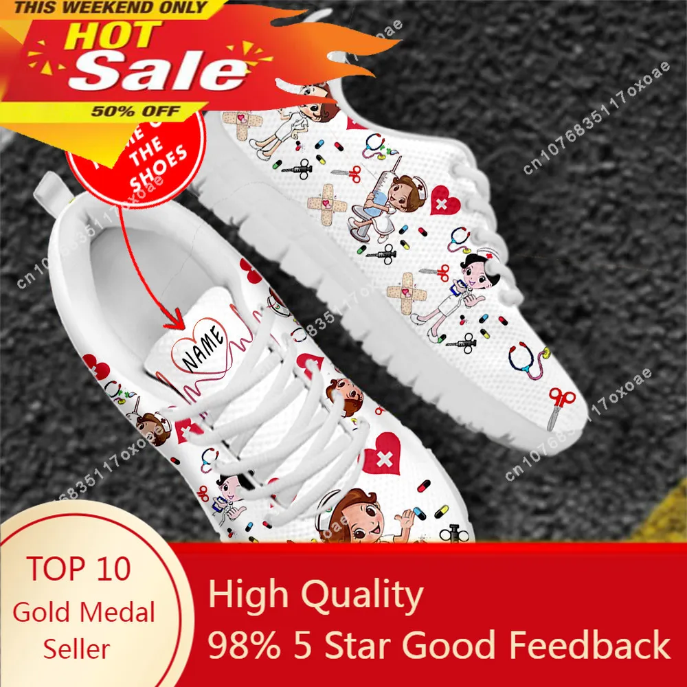 

Custom Name Nurse Shoes Mesh Flat Sneakers for Women's Cute Cartoon Premium Sketch Physio Design Breathable Footwear