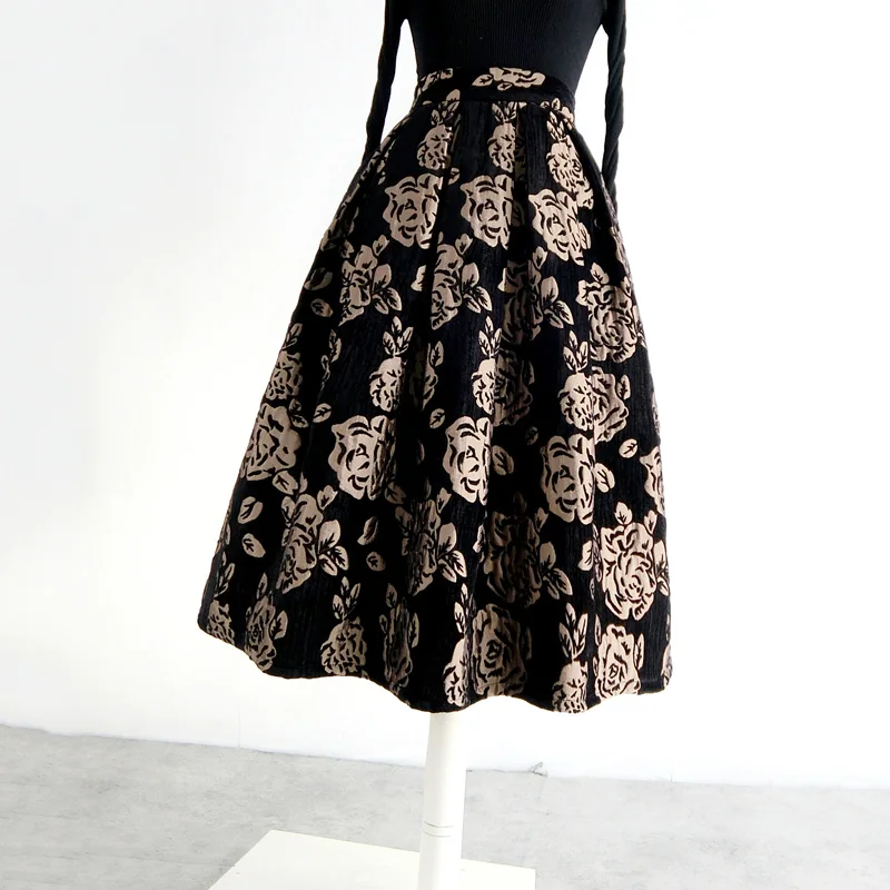 Winter Autumn Skirt Embroidered Umbrella Skirt High Waist Pocket Rose Casual wmen long