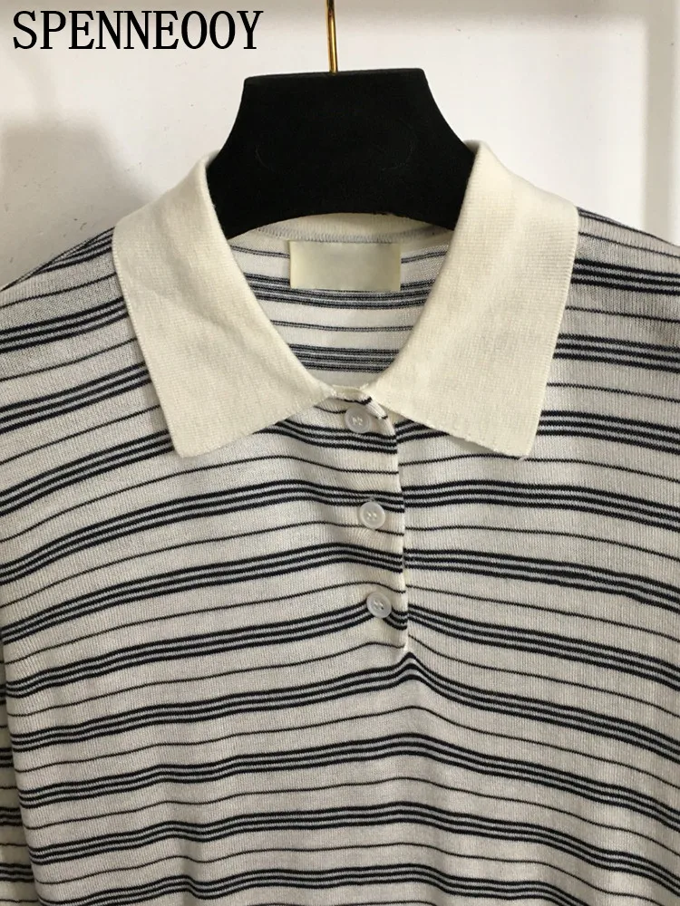 Spenneooy Fashion Designer Spring Summer Casual Streaks T-Shirts Damskie koszulki z kołnierzykiem i guzikami Luźne koszulki z długim rękawem