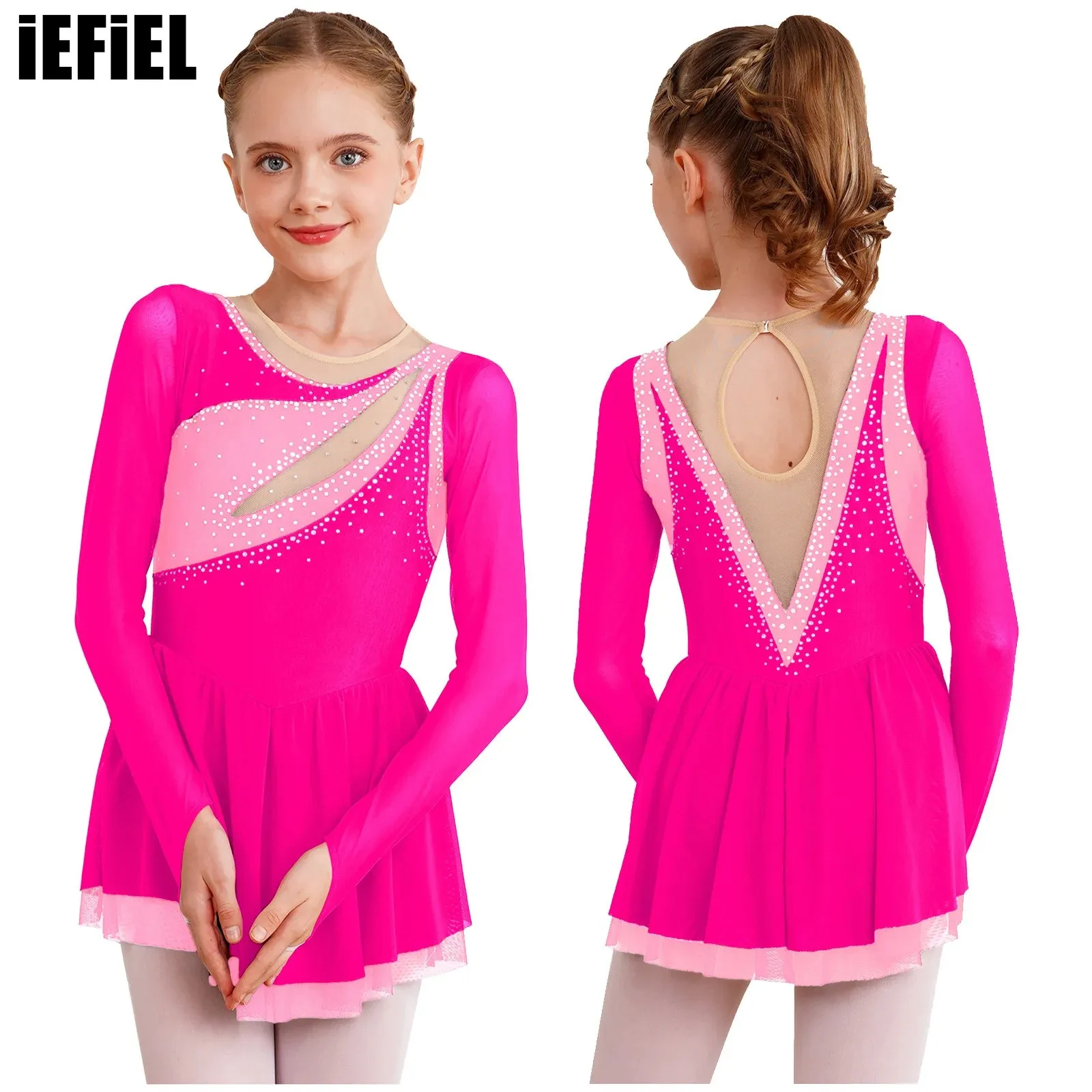 

Kids Girls Color Block Patchwork Dance Dress Glittery Rhinestone Sheer Mesh Long Sleeve Keyhole Back Figure Skating Dresses