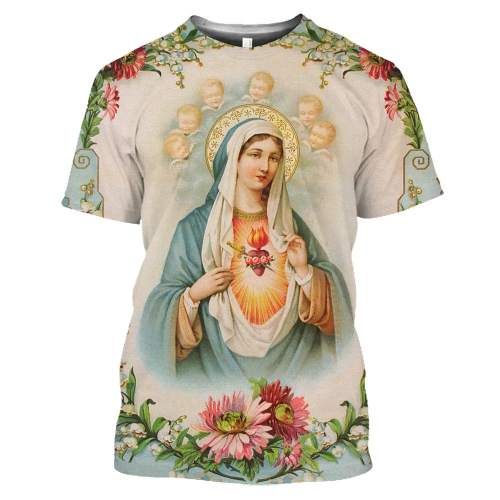 Summer Men\'S 3d Printed T-Shirt Virgin Mary Guadalupe Catholic Polyester O-Collar Loose Short Sleeved Oversized Comfortable Top