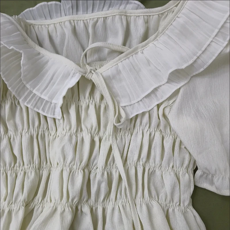 T-shirts Dames Zoete Franse stijl Ruches Pofmouwen Esthetische Mooie meisjes Gedefinieerde taille Chique streetwear Leeftijdverminderende zomer