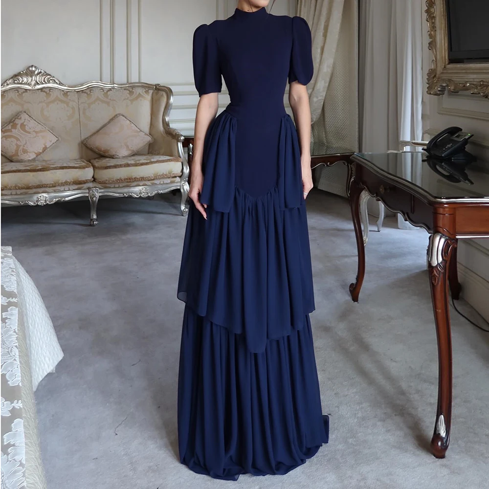 

Customized A-line Evening Dresses Floor-length High-neck Half Sleeve Prom Gown Fashion Lace-up Simple Draped Casual Party Gown