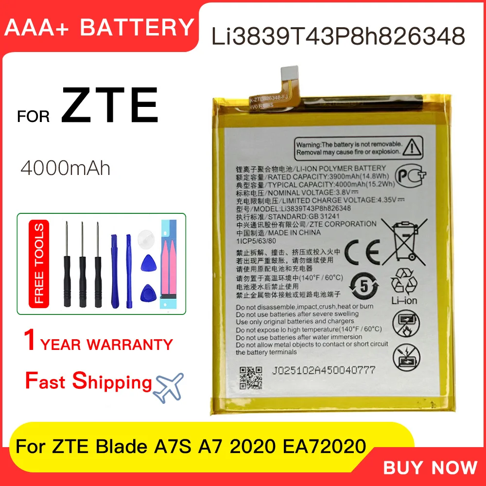 

Genuine Li3839T43P8h826348 4000mAh Battery For ZTE Blade A7S A7 2020 EA72020 phone Replacement Battery Batteria+Free tools