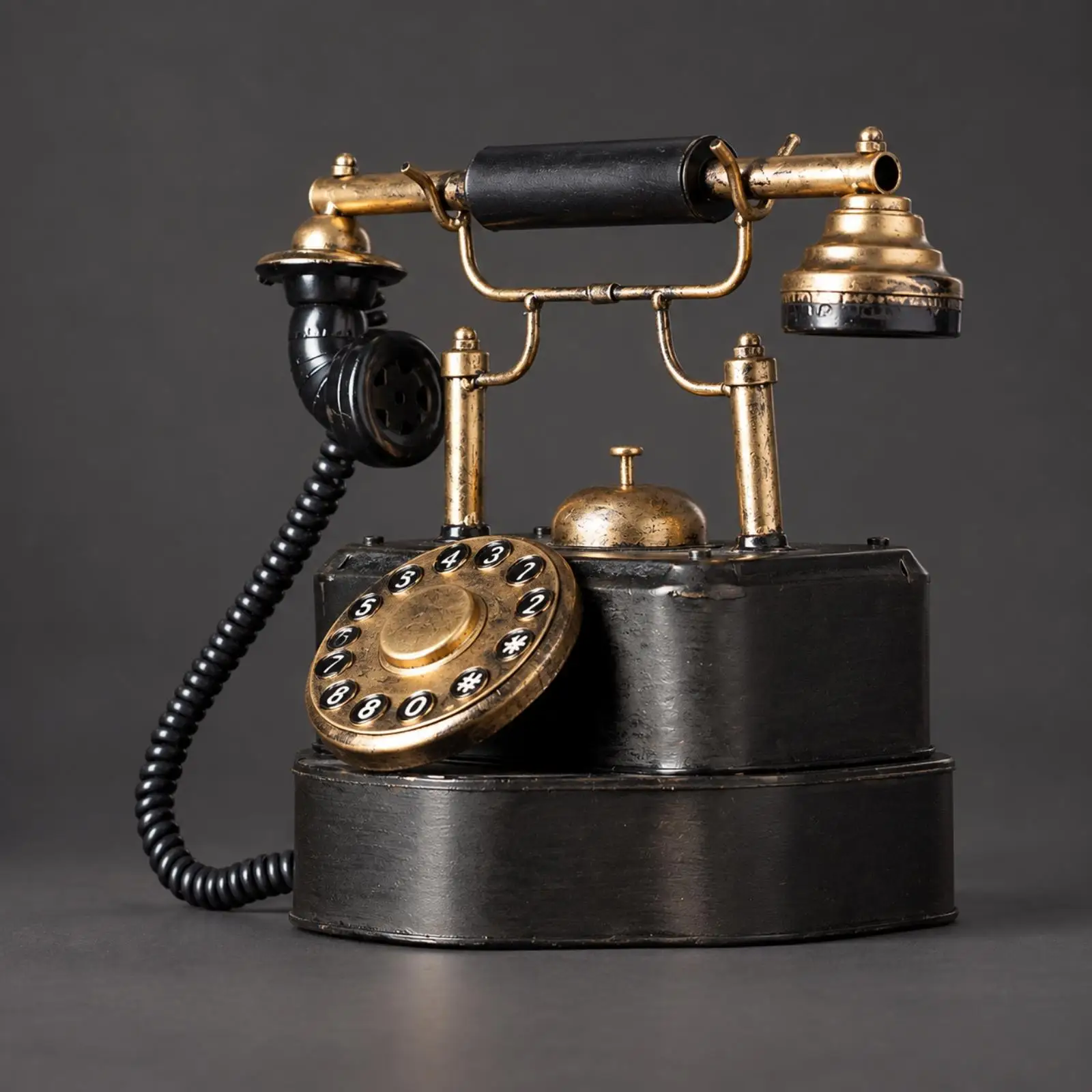 Vintage Rotary Industrial Telephone Ornament Distressed Metal Tone for Study Room Nostalgic Decor