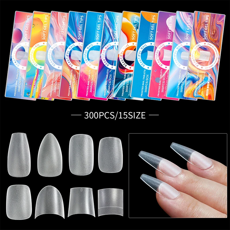 300pcs Mixed Size Press on Nails Full Cover Acrylic French False Nail Tips Removable Square Armor Soft Gel Extension Manicure