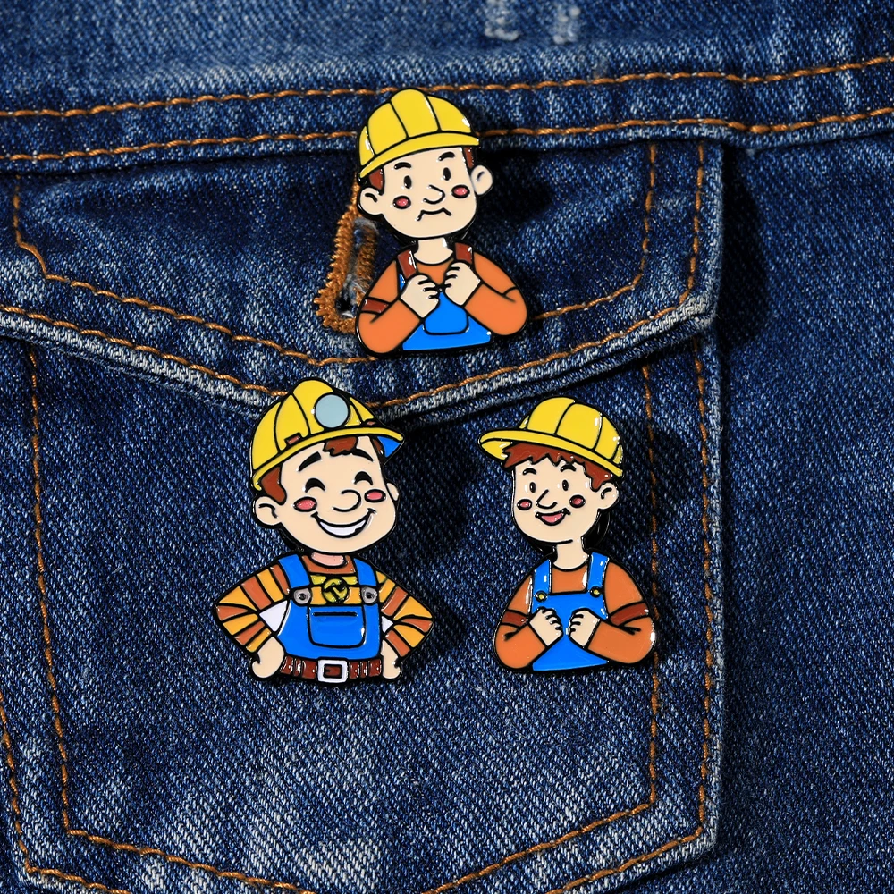 Funny Design The Worker Man Enamel Brooches Cartoon Builders Engineer Character Pins Labour Day Badge Gift