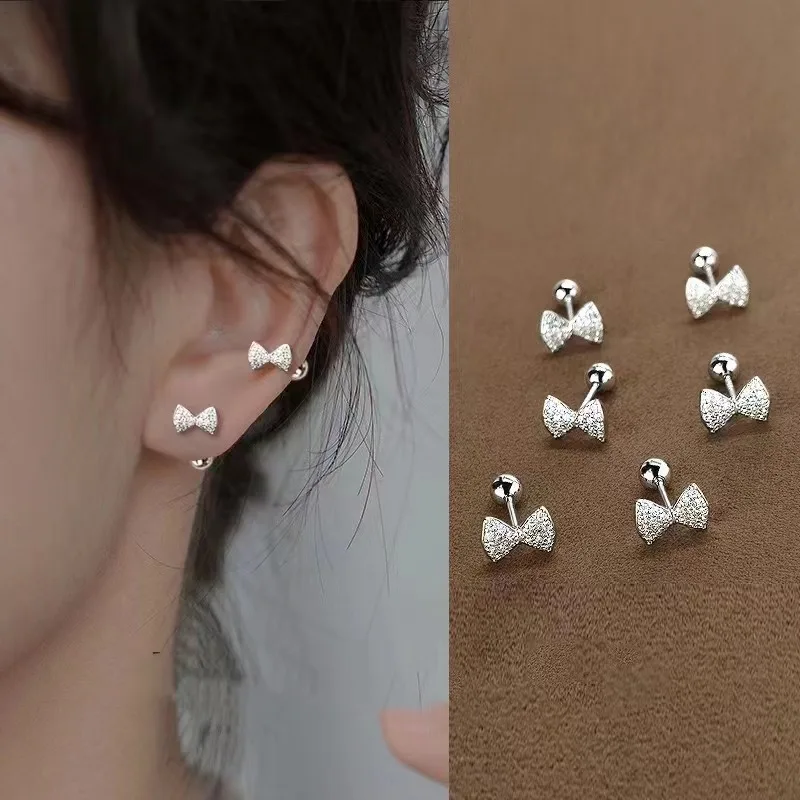 Fashion Silver Color Shiny Rhinestone Bow Ear Studs Earrings for Women Helix Tragus Cartilage Conch Daith Piercing Jewelry