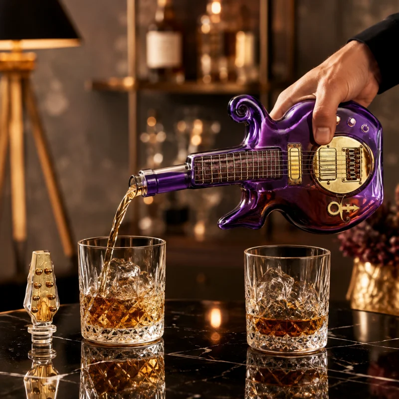 Artisan Guitar Shape Glass Decanter Bottle, Decorative Container for Brandy Rum Whiskey, Eye-catching Bar Counter Display