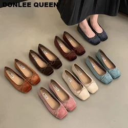Slip On Women Velvet Flats Fashion Elegant Butterfly-knot Spring Autumn Ladies Comfort Soft Sole Square Toe Mary Jane Shoe Mujer