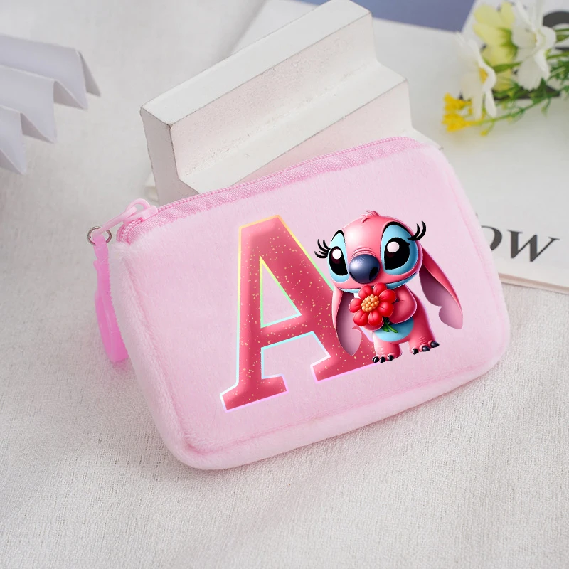 Disney Stitch Square Coin Purse Cartoon Angel A-Z Letter Print Wallet Girls Portable Kawaii Mini Storage Bags New Birthday Gifts