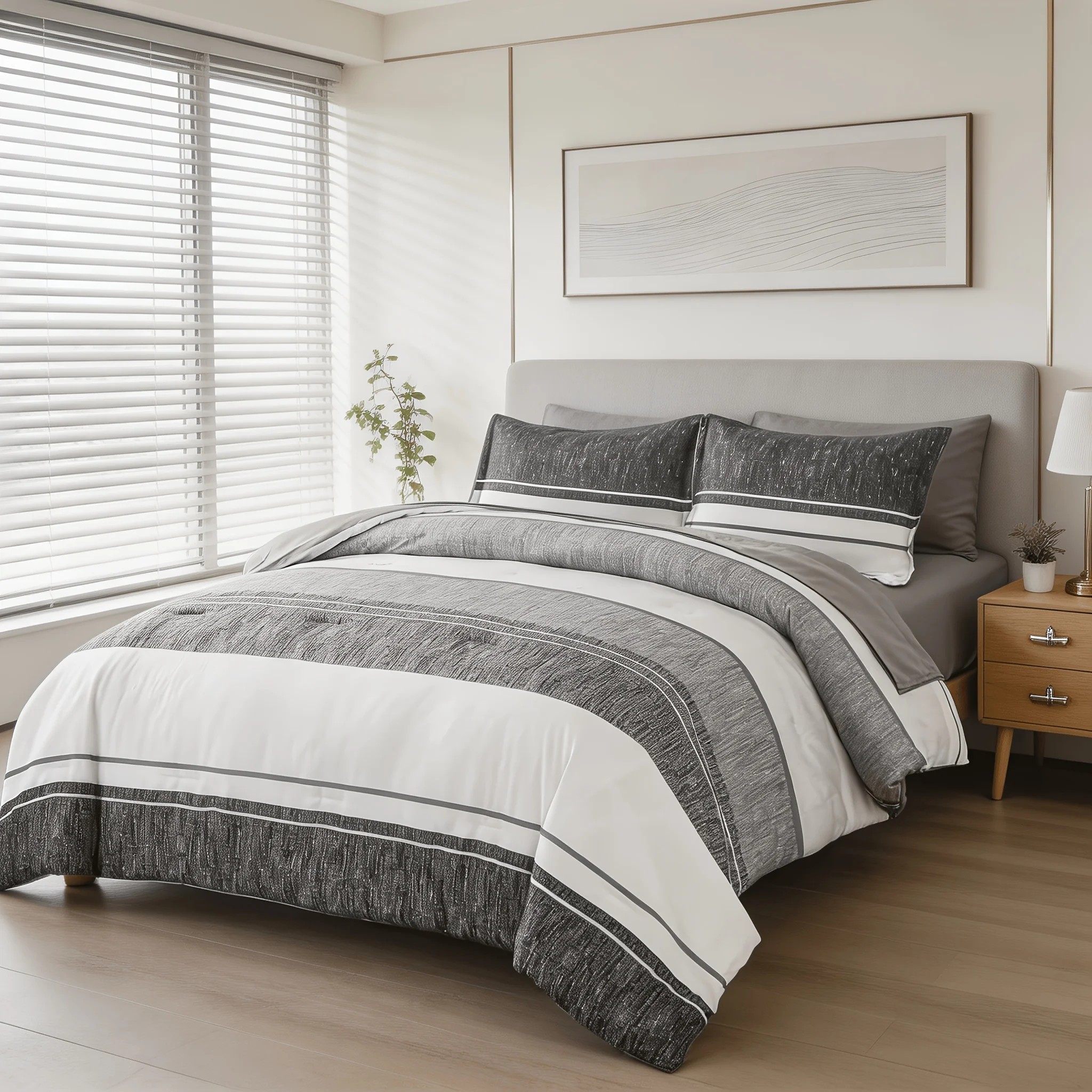 7-Piece Queen Bed Set – Soft Grey & White Striped Microfiber Comforter + Flat Sheet + Fitted Sheet + 4 Pillowcases | All-Season Ready, Hypoallergenic, Machine Washable