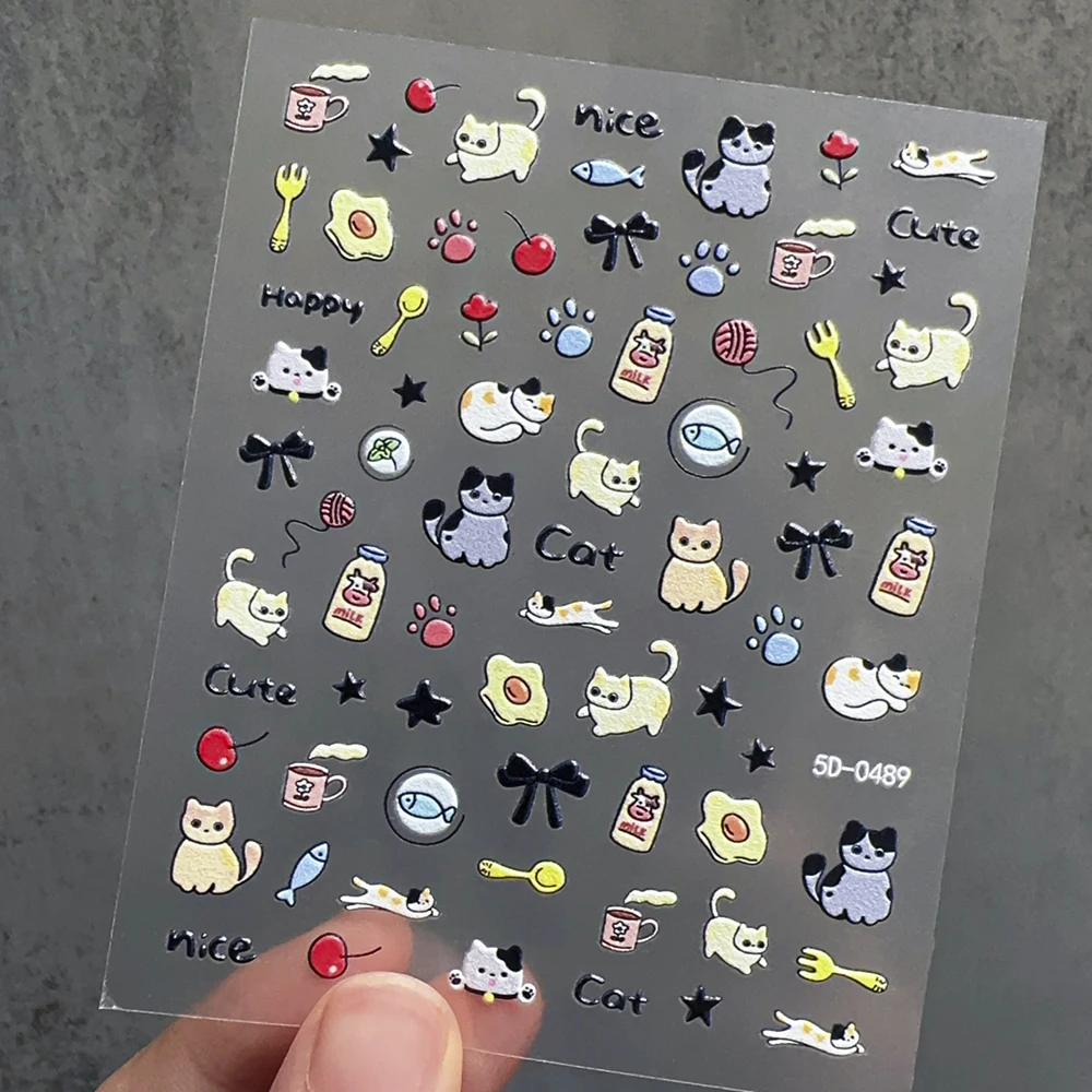 2pcs 5D Cartoon Puppy&kitten Nail Stickers Set Kawaii Embossed Happy Dog Pentagrams Milk Cat Design Nail Decals DIY Animals Nail