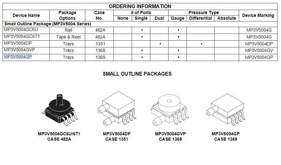 MP3V5004 Series MP3V5004GC6U MP3V5004GC6T1 MP3V5004G MP3V5004GVP MP3V5004GV MP3V5004GP MP3V5004DP MP3V5004G Pressure Sensor