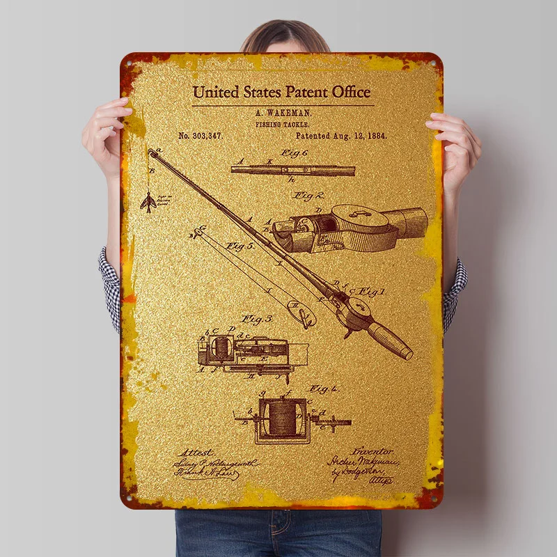 9 Fishing Tackle Patent 1 Tinplate Poster Custom Wall Art Vintage Metal Signs Retro Tin Plaque for Office Decoration Room Decor