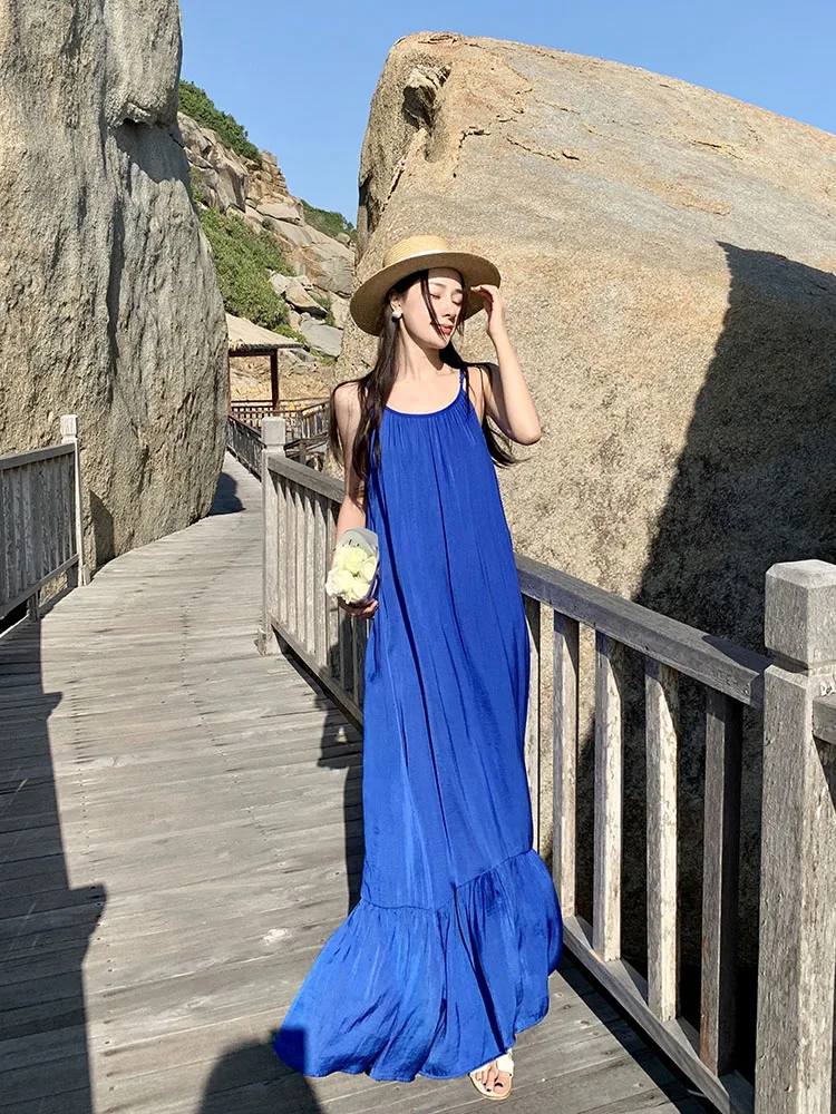 Vestido Largo Azul Klein Sexy con Espalda Descubierta, Ropa de Playa para Vacaciones, Estilo Ultra Cuento de Hadas, Falda Lín...