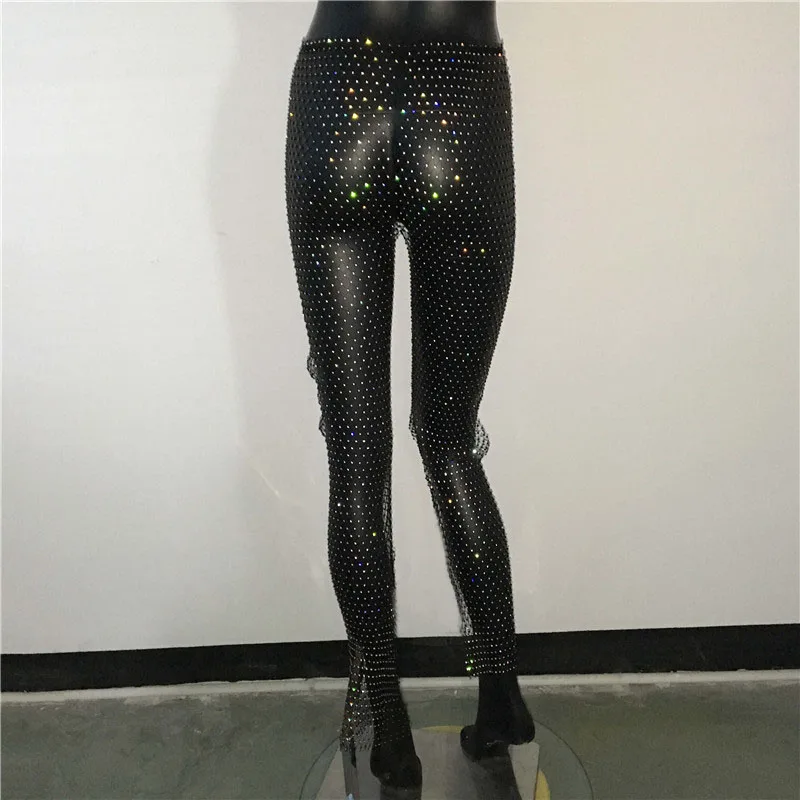 Verão sexy oco para fora elástico fishnet calças y2k cristal diamante brilhante calças femininas moda ver através de beach wear