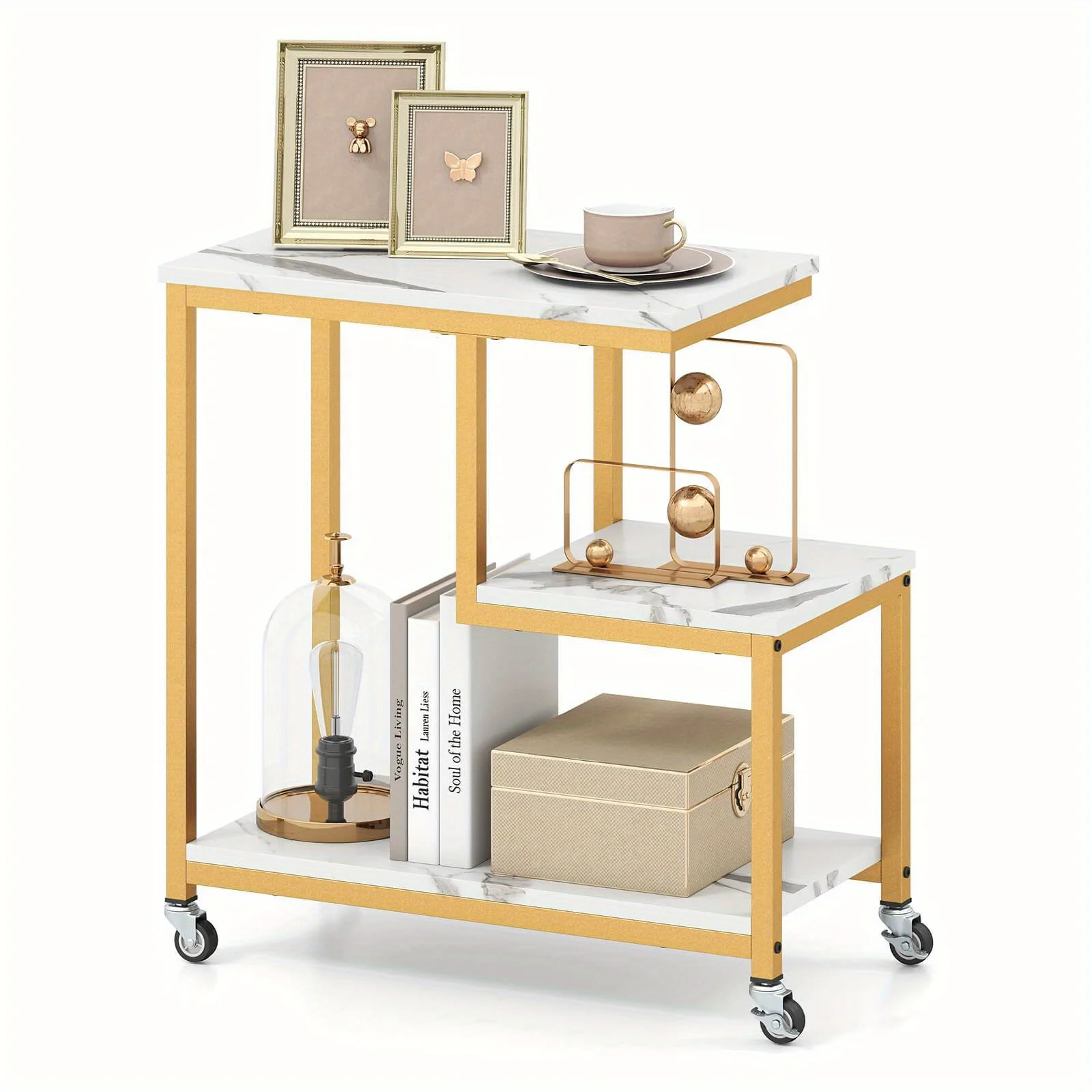 

Modern G-Shaped End Table with Lockable Casters & 3-Tier Shelves - Heavy-Duty 100 Capacity, White & Golden Accent Table, Easy Assembly, Space-Saving Rolling Cart for Living Room, Bedroom, Office (Engineered Wood/Metal Frame)