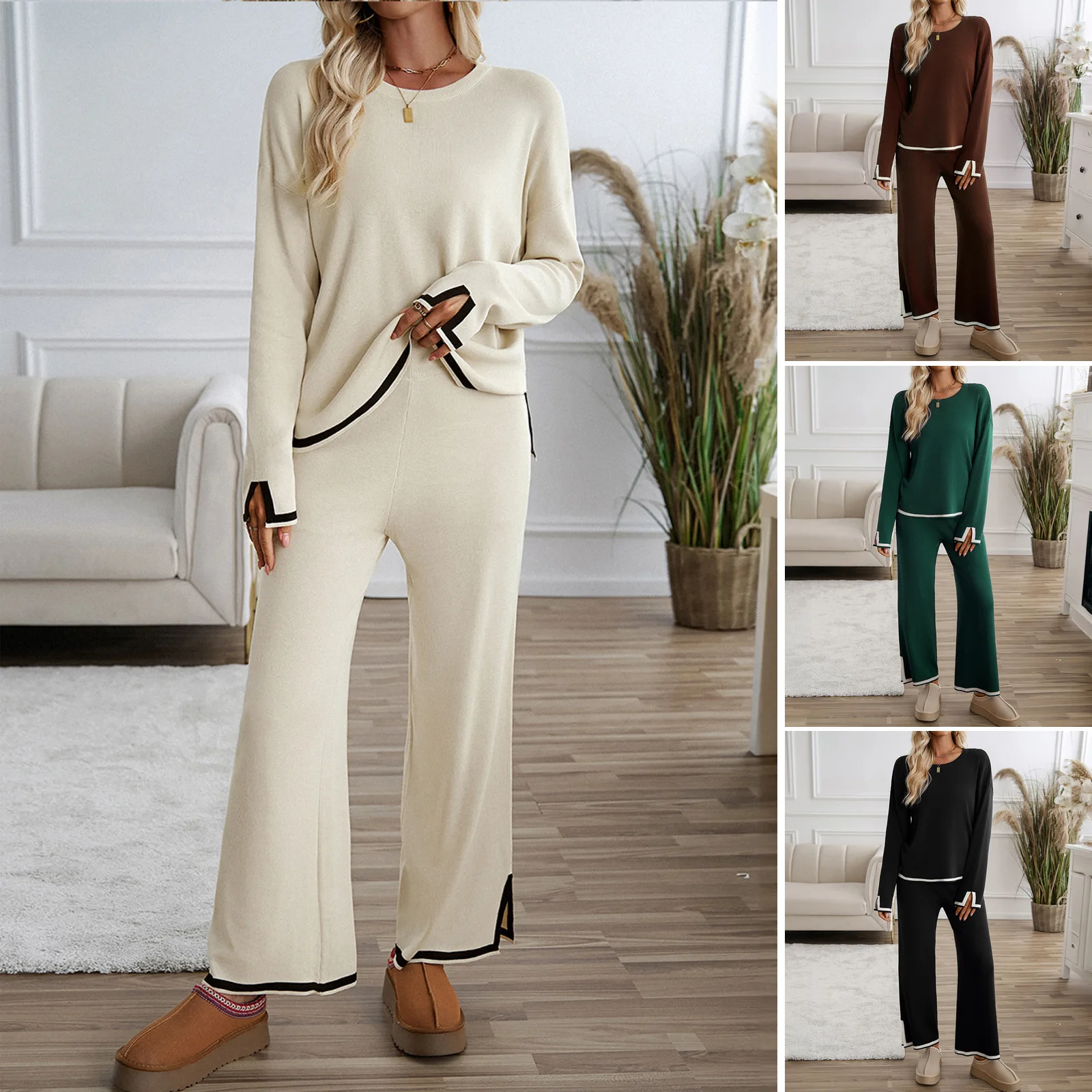

Women's Two Piece Set 2025 Elegant Casual Solid Color Knit Sweater Pants Set Long Sleeve Matching Outfit