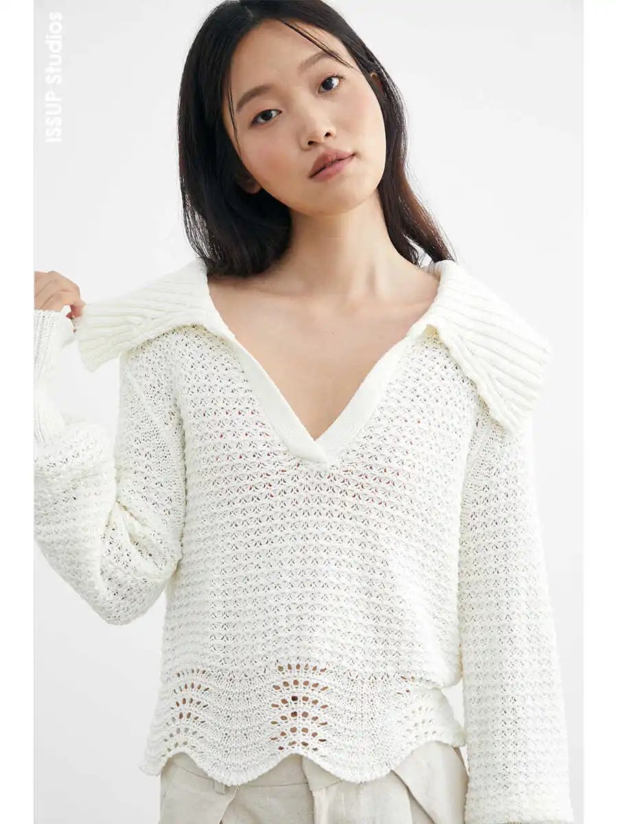 

ISSUP Studios Winter 24 Navy Collar Lazy Milk White Vaion Knitted Sweater Hollow out Long Sve Cotton ort Coat for Women
