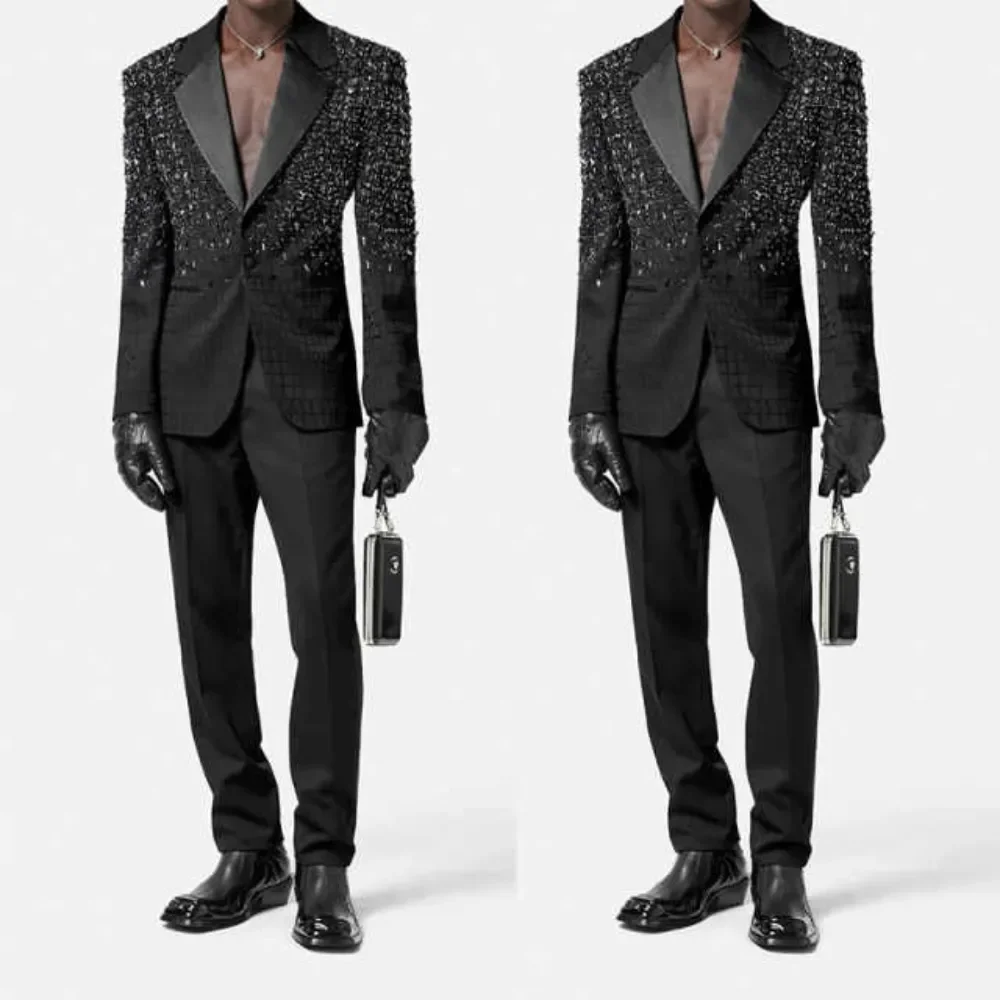Stunning Men Suits 2 Pieces Sets Peaked Lapel Jewel Crystal Wedding Tuxedos Groom Slim Fit Ropa Hombre Customized
