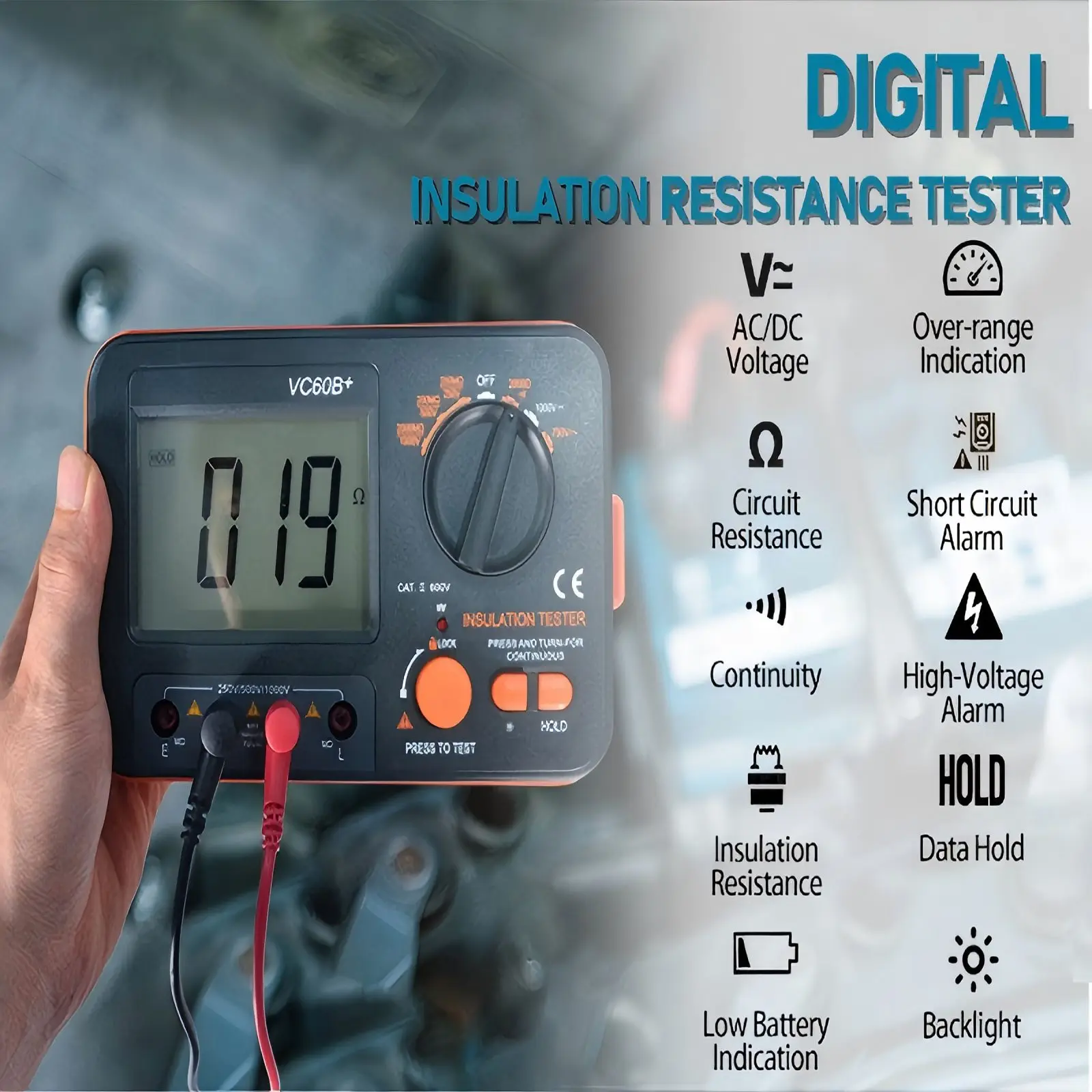 Insulation Resistance Tester 1000V Megohmmeter for Electricians Motor Cable Wiring Test Portable Backlit LCD Auto Power Off