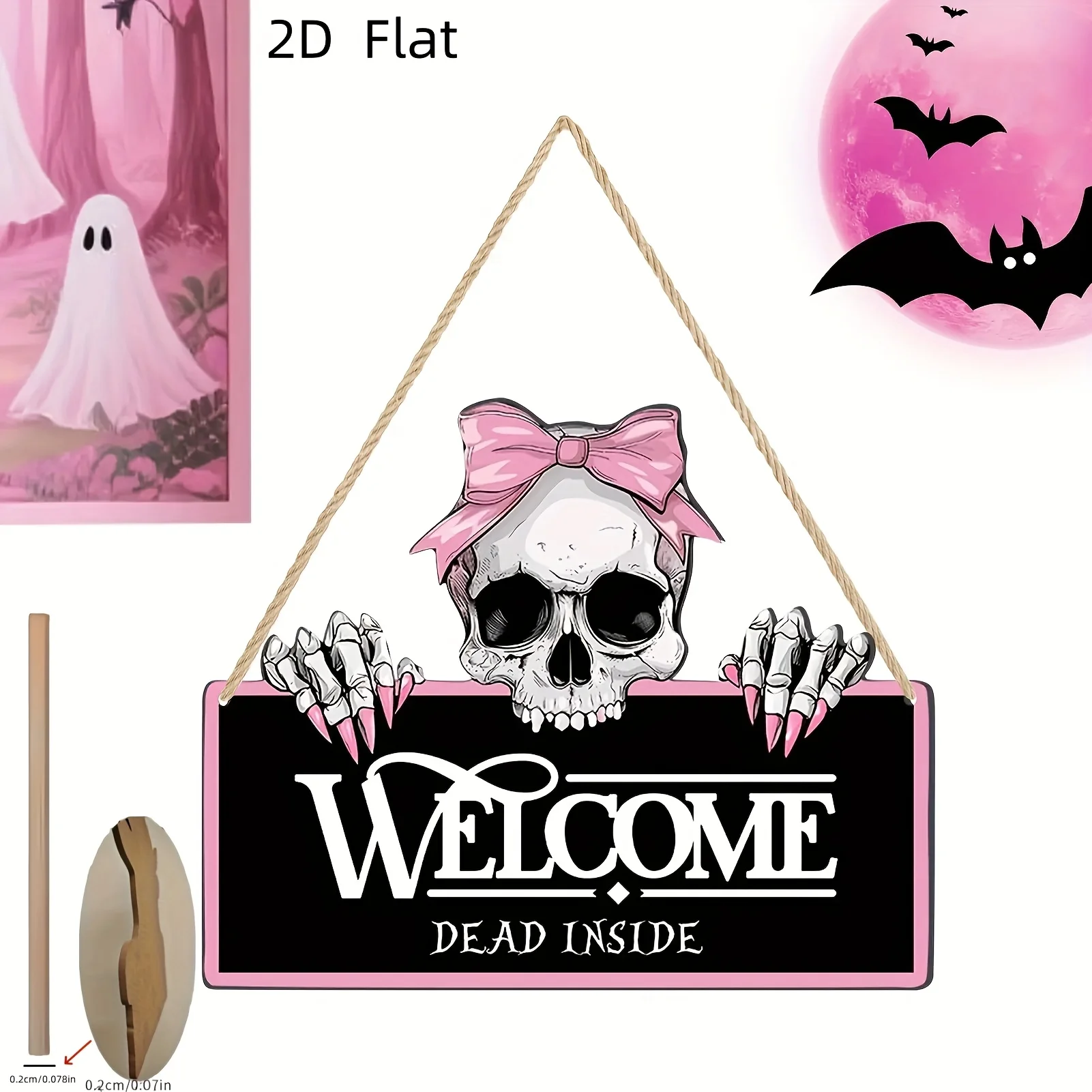 2D Flat Wooden Hanging Plaque Pink Bow Skull Skeleton Hand Welcome Dead Inside Sign Gothic Spooky Halloween Front Door Wall Home