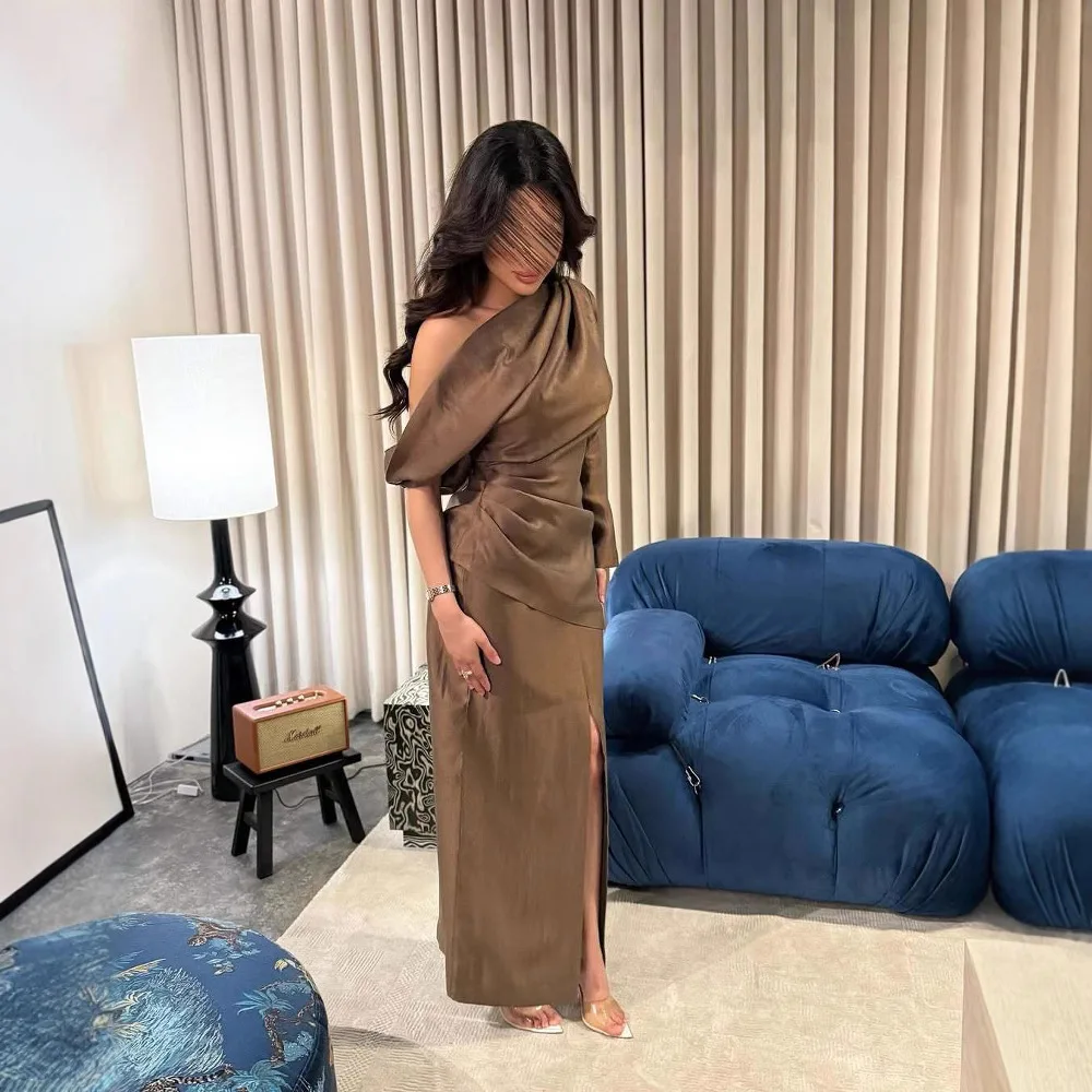 

2026 Spring New Arrival American Vintage Elegant One Shoulder Ruched Slim Fit Split Dress Brown Fashion Minimalist Evening Gown