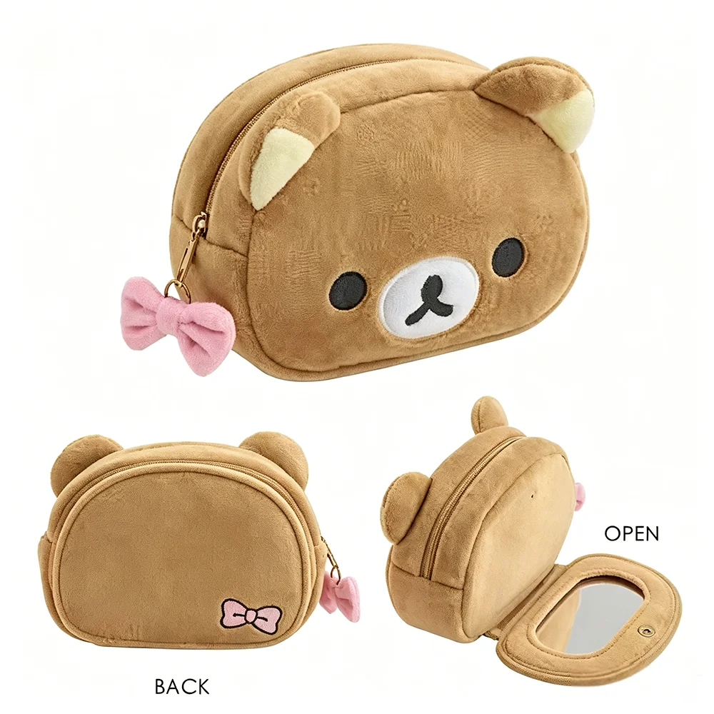 Rilakkumas Bär Kosmetiktasche mit Spiegel, Cartoon Korilakkuma Schleife, Plüsch-Aufbewahrungstasche, Organizer, Kawaii, süße Reise-Kosmetiktasche, Beutel – Detail 5