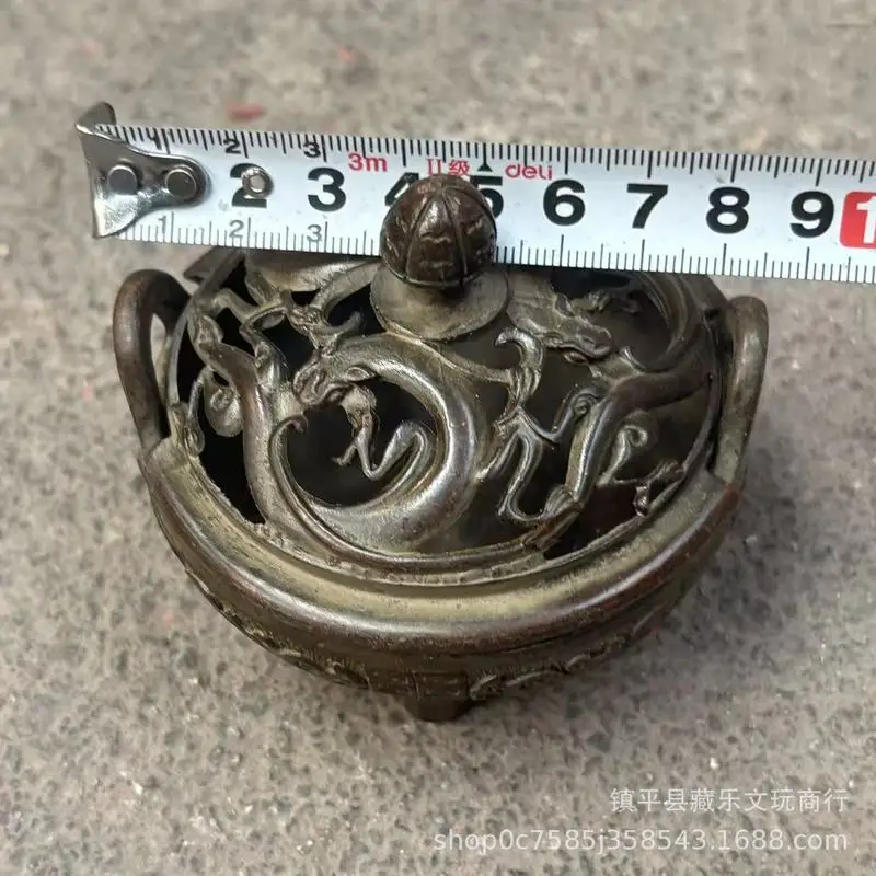 Antique vintage carved double-dragon three-legged double-eared incense burner for home use, indoor tea ceremony incense burner,