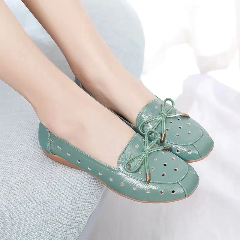 2022 Summer Mom Cowhide Leather Moccasins Woman Slip On Wedges Shoes Designer Breathable Hollow Out Bowtie Ballet Flats