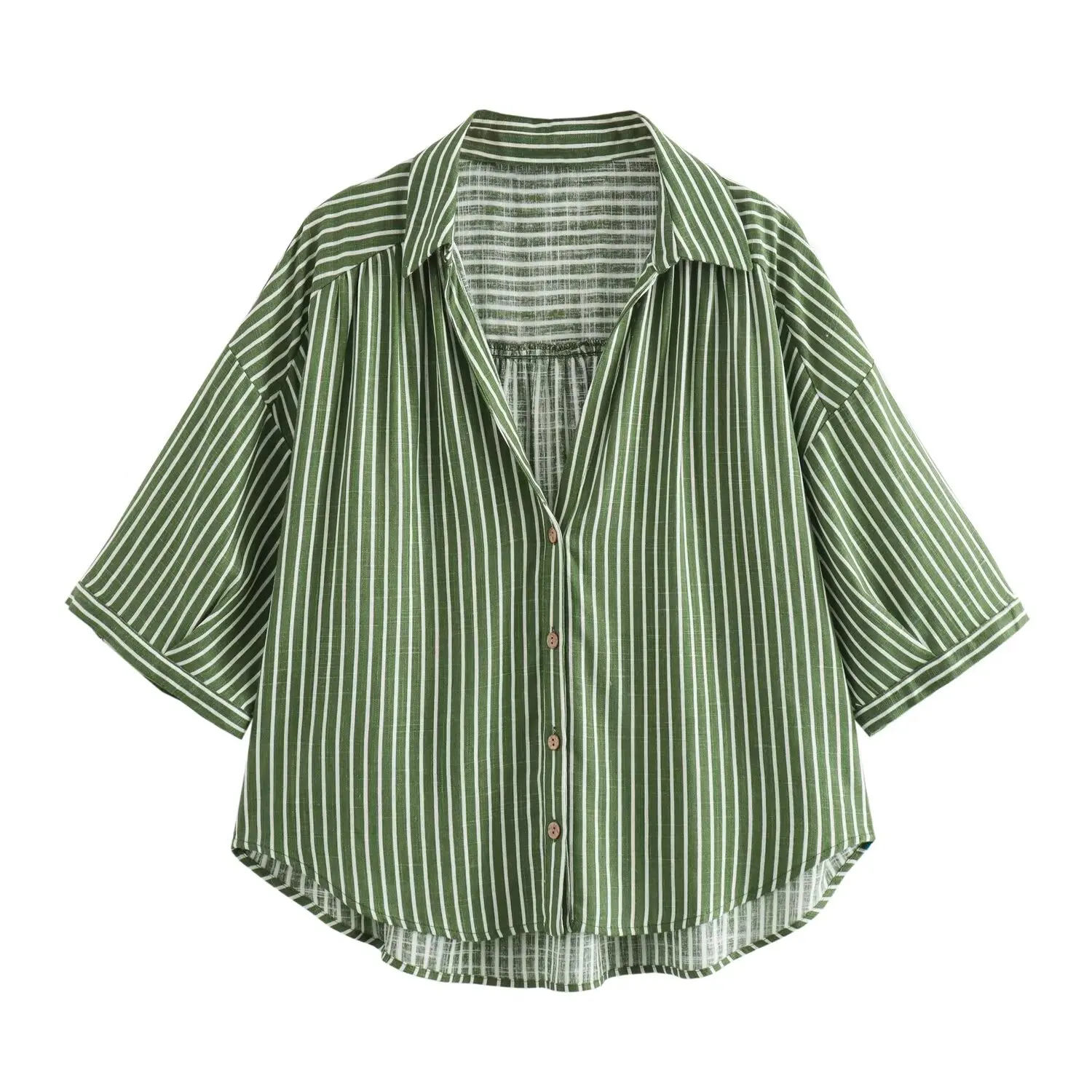 

TRAFZA 2024 Elegant Woman Single-Breasted Green Stripe Decorate Vintage Blouse Women Short Sleeves Lapel Casual Shirt Top TRAF